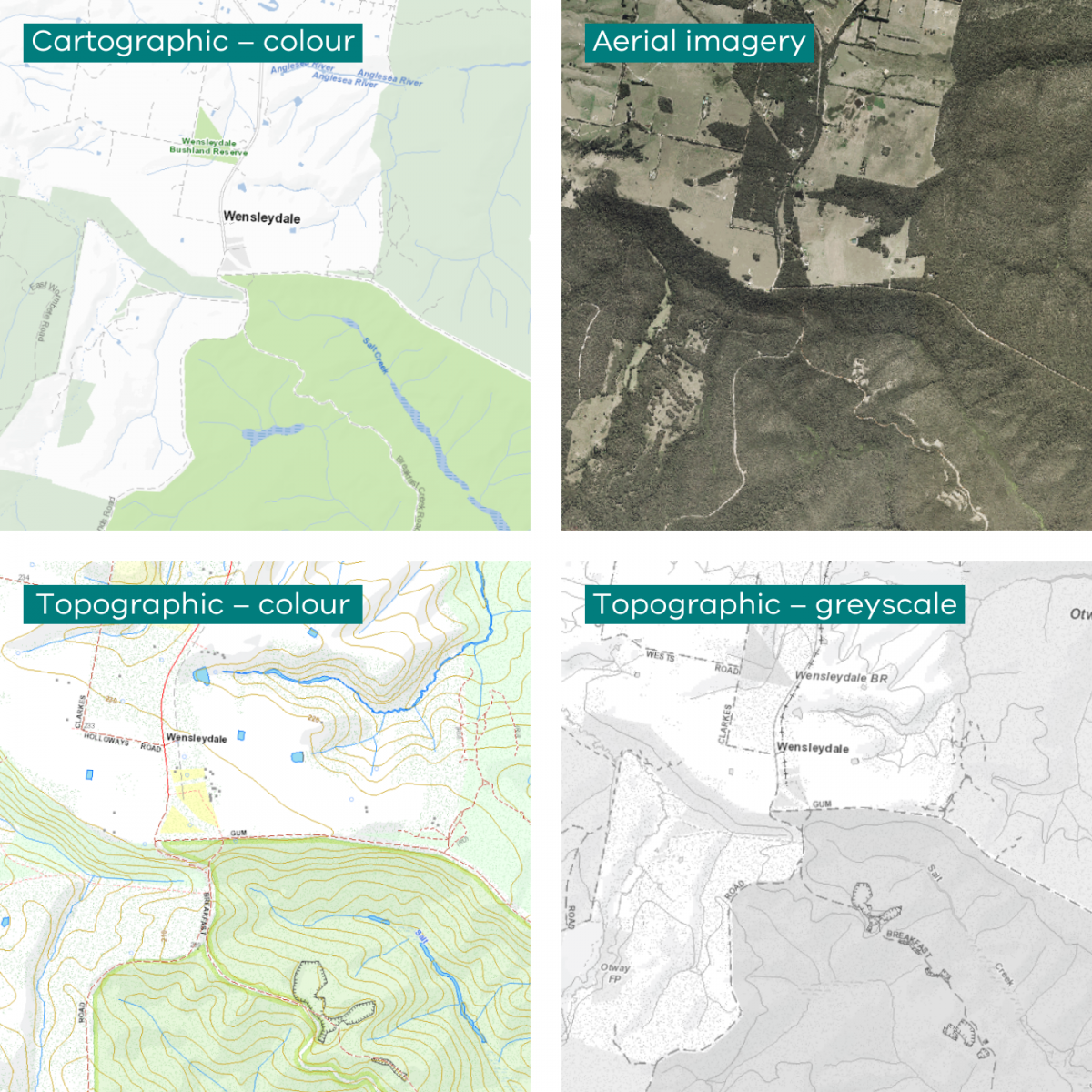 A square image made up of 4 smaller sample images separated with a narrow white border. The 4 images are samples of 4 different raster basemaps: cartographic colour, aerial imagery, topographic colour and topographic greyscale.