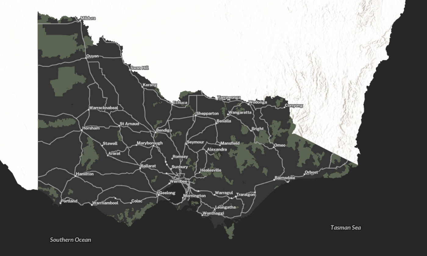 Sample map of Victoria featuring the dark grey colour theme.