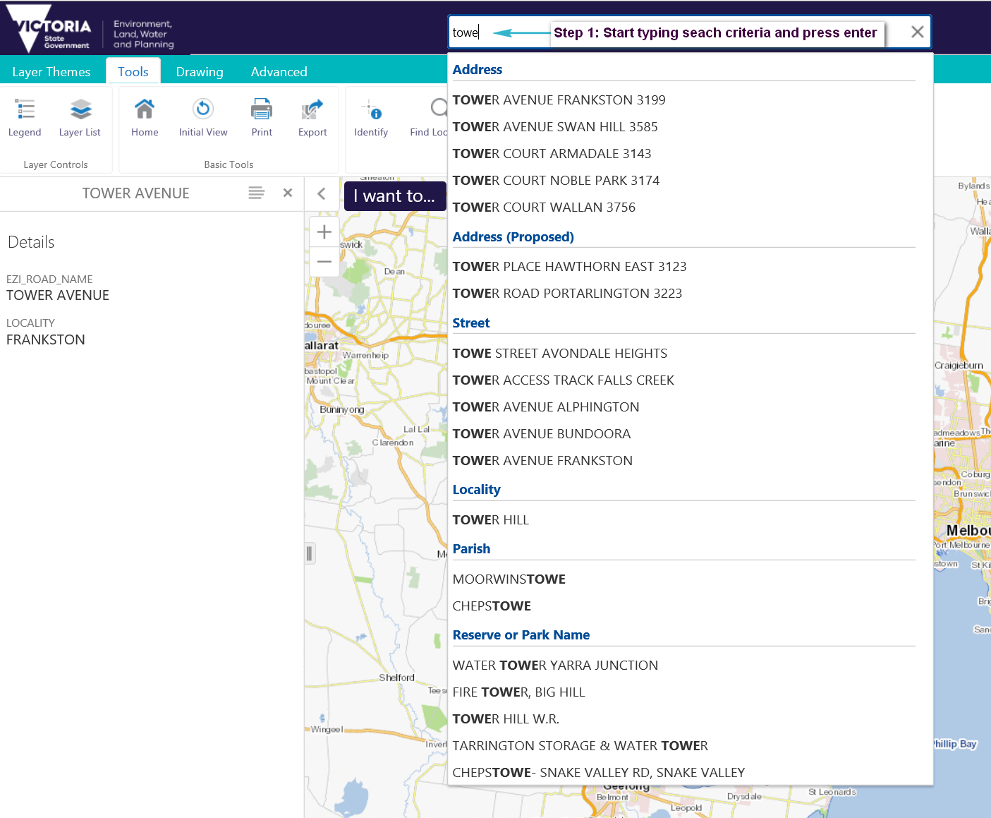 example of using the global search tool to return multiple features